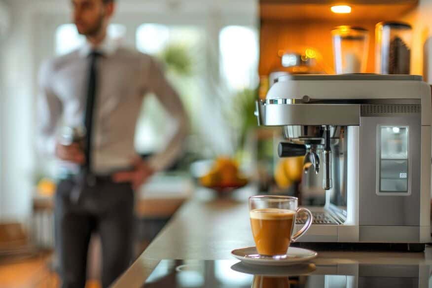 In the foreground, a white coffee maker and a clear cup of creamy coffee are on a counter in a hotel lobby. A businessman is further back and out of focus. Your hotel's water quality is vital to a good cup of coffee. 