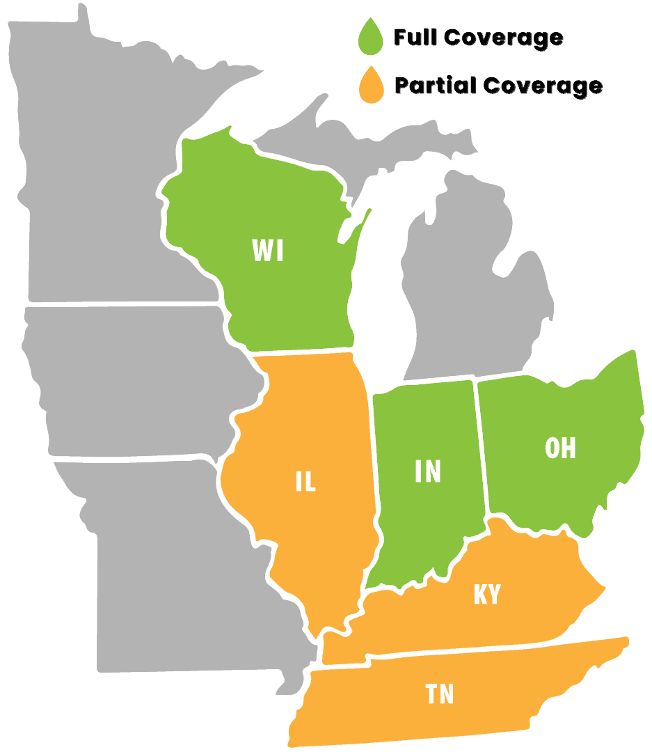 Map of upper Midwest states showing Wisconsin, Indiana and Ohio in green to indicate full service coverage, while Illinois, Tennessee and Kentucky are depicted in yellow to indicate partial service coverage.