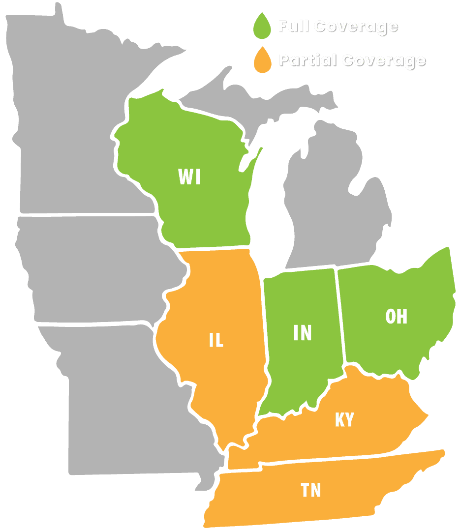 Map of upper Midwest states showing Wisconsin, Indiana and Ohio in green to indicate full service coverage, while Illinois, Tennessee and Kentucky are depicted in yellow to indicate partial service coverage.