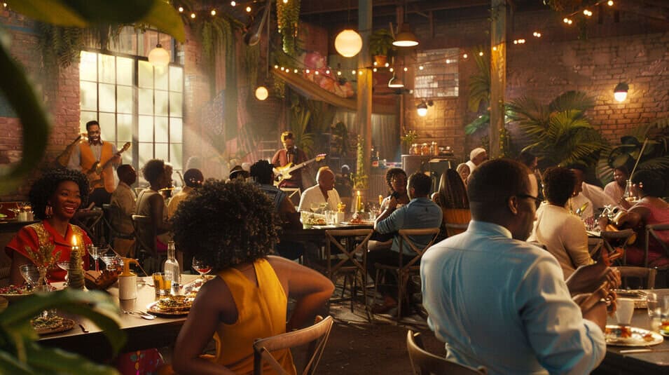 A busy dinner service in a restaurant at sunset, with live music and brick walls.