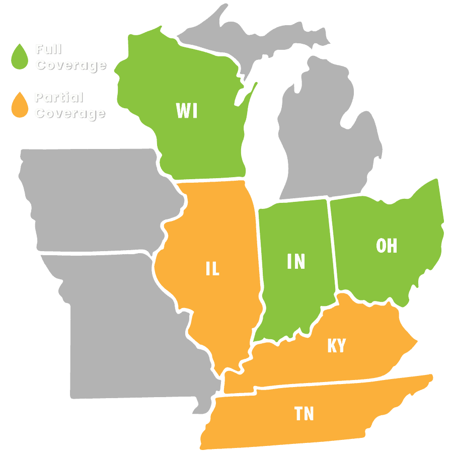 Map of upper Midwest states showing Wisconsin, Indiana and Ohio in green to indicate full service coverage, while Illinois, Tennessee and Kentucky are depicted in yellow to indicate partial service coverage.
