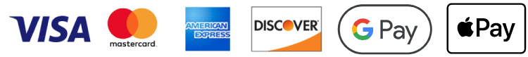Image of accepted payment logos of Visa, Mastercard, AmEx, Discover, GooglePay and Apple Pay