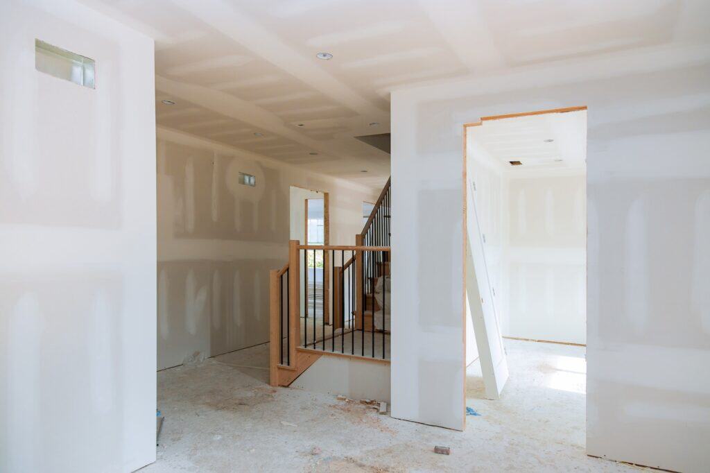 walls plasterboards with room under construction with finishing putty in the room