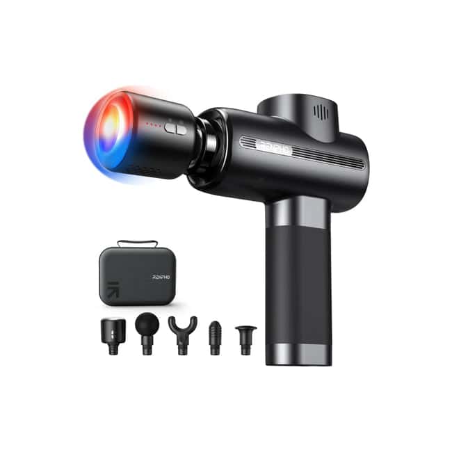 A Renpho Active Thermacool massage gun with a red light, designed to target muscle fatigue and provide deep tissue relief. (A)