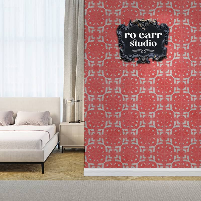 Belle Batik light red boxes on gray in wallpaper mockup.