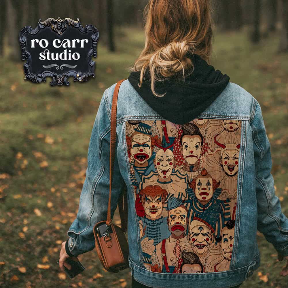 Seen from the back, a woman in a denim jacket with a back panel added in the creepy clown fabric.