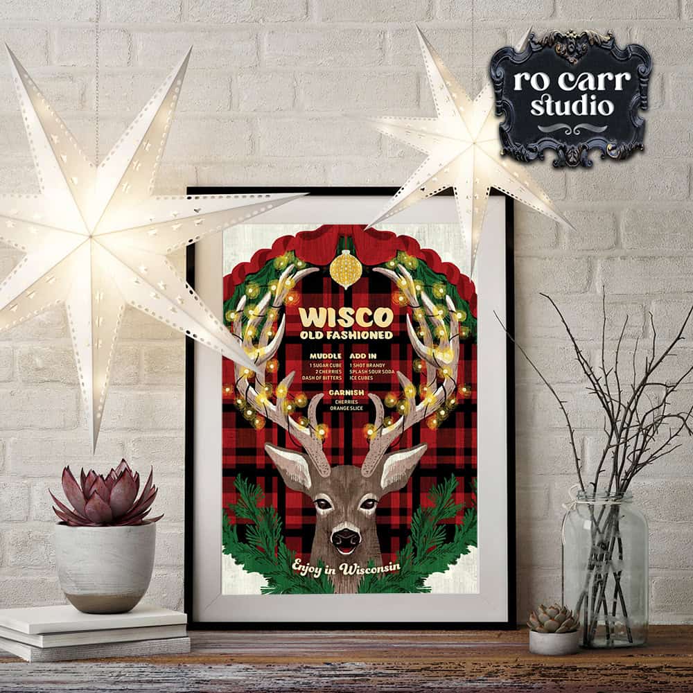Wisco Old Fashioned drink recipe framed and pictured with holiday decor.