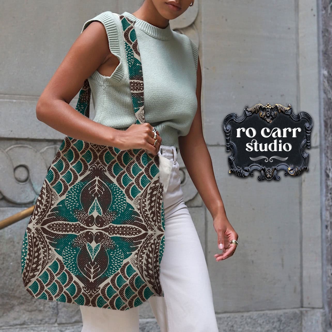 Mockup of tote bag made from patterned fabric.