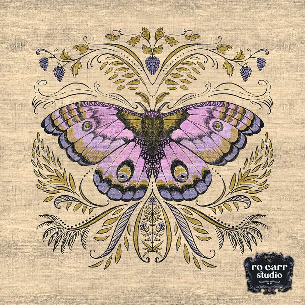 Decorative moth in purples and pinks, surrounded by frongds and curlicues.