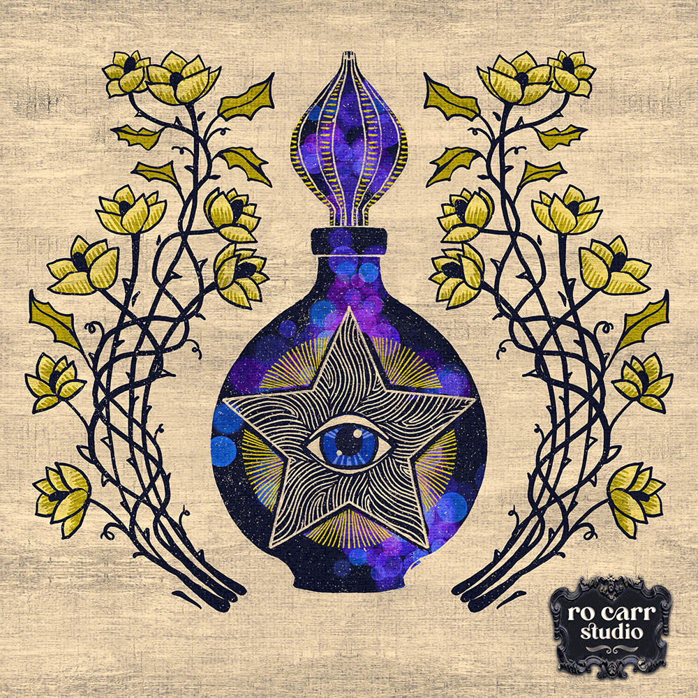 Decorative bottle of mystical potion in purple and blue tones, etched with the evil eye and a five pointed star, surrounded by thorny vines and flowers.