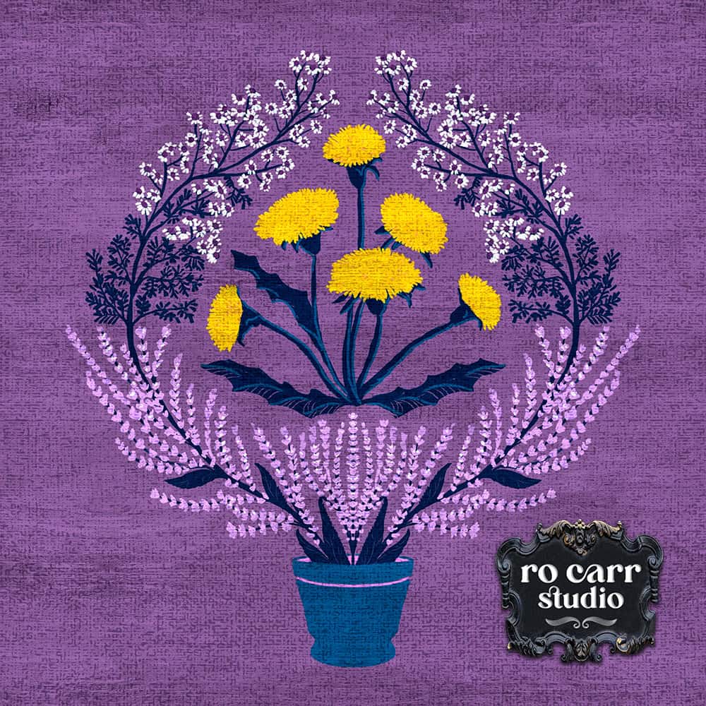 Potted herb garden on purple background, featuring ecinacea, lavender and dandelions.