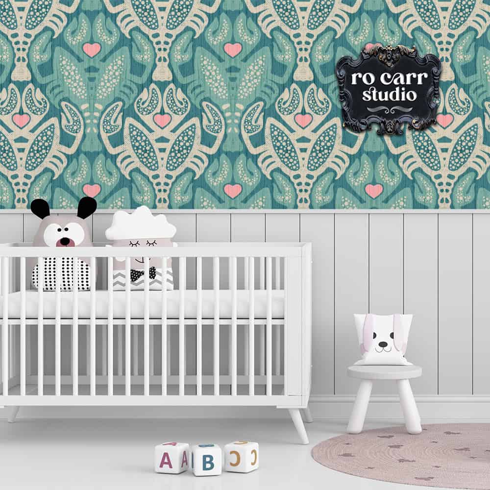 Lobster pattern shown as wallpaper in a nursery.