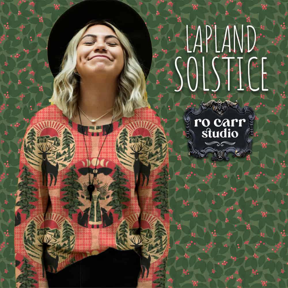 Smiling woman wearing sweater printed with the design.