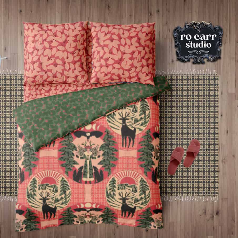 Birdseye view of a bed showing the Lapland Solstice and companion patterns.