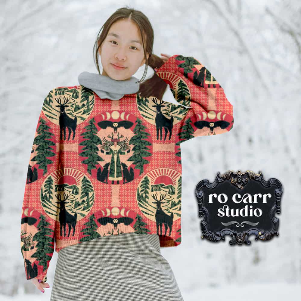 Mockup of woman in snow wearing sweatshirt printed with the fabric.