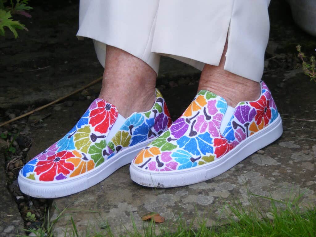 Close up shot of Sue's cool shoes.