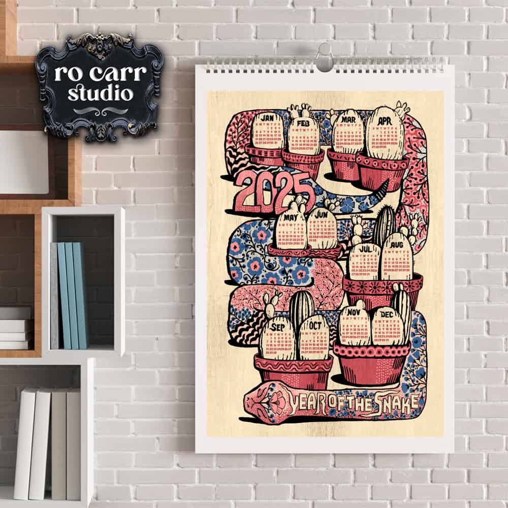 Mockup of the 2025 Year of the Snake calendar design.