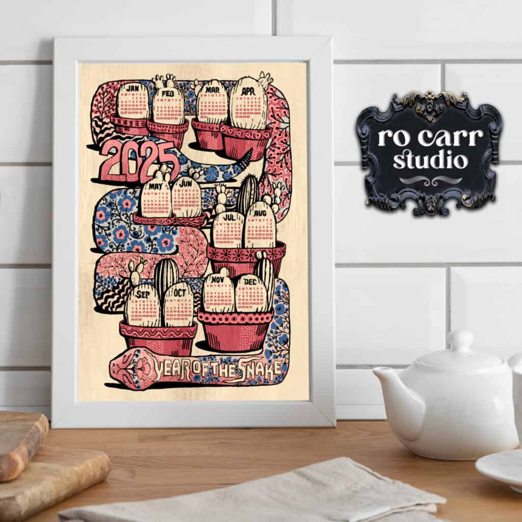 Mockup of the 2025 Year of the Snake calendar design.