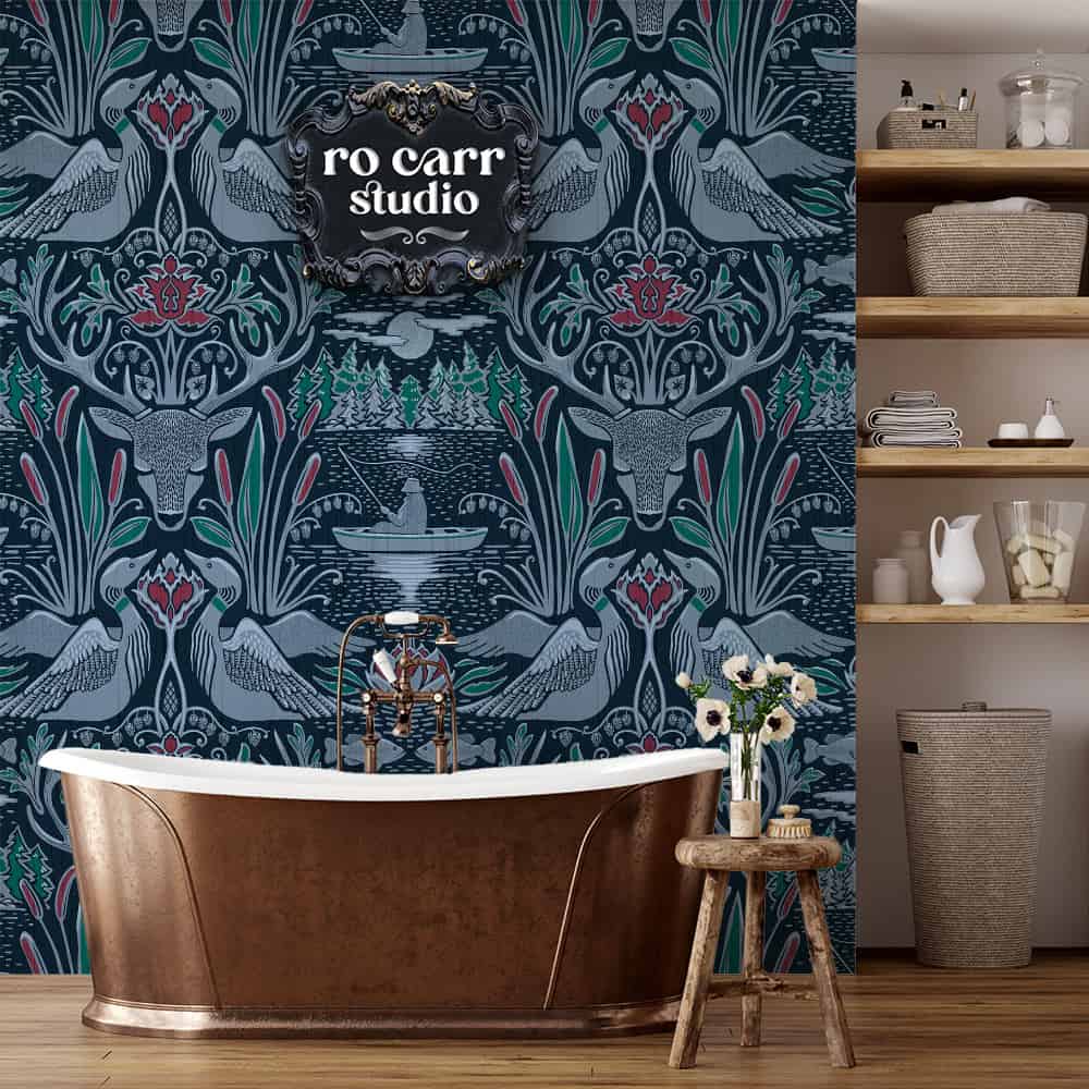 Wallpaper mockup in modern bathroom.