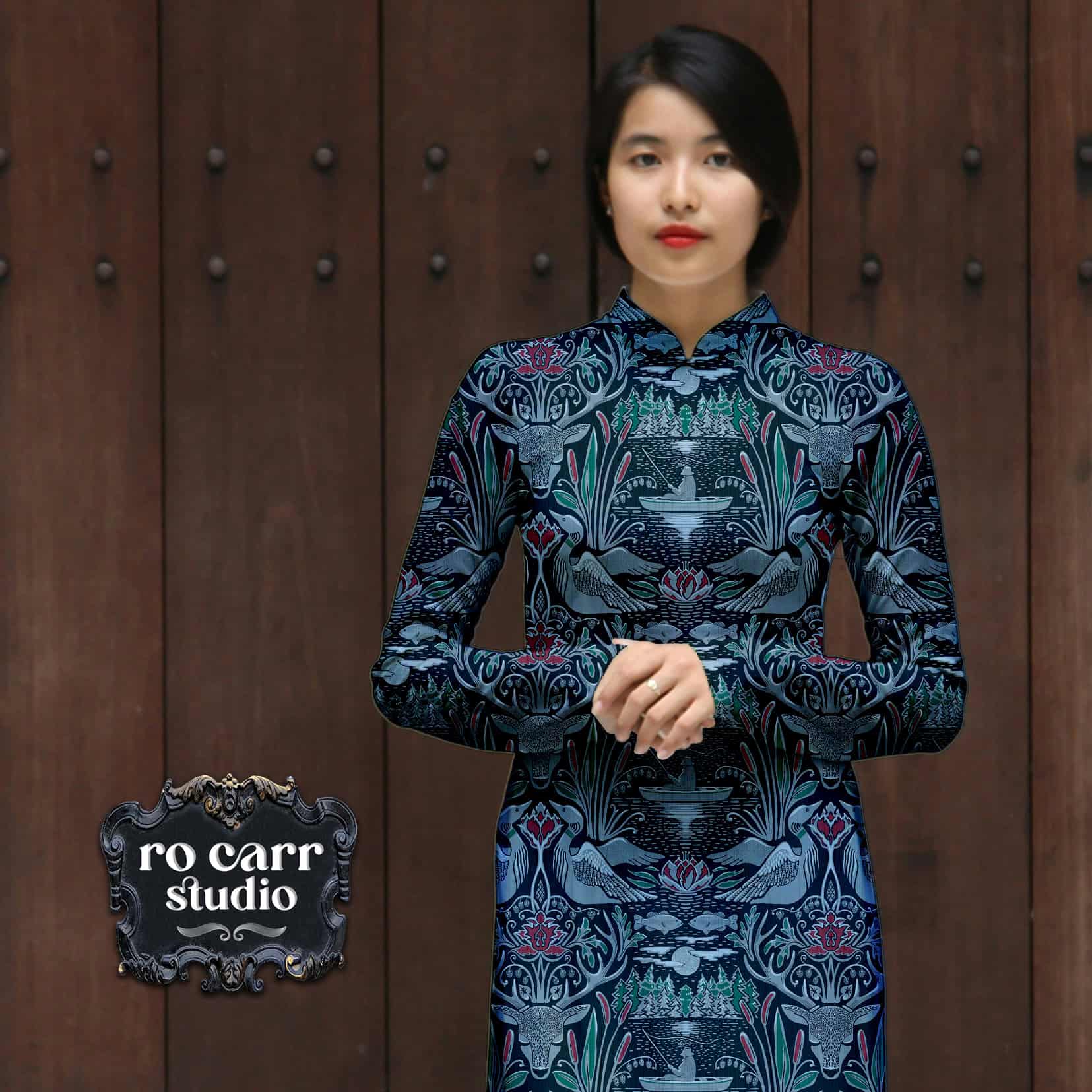 Mock up of woman wearing asian style gown printed with Fishing on Moonrise Lake.