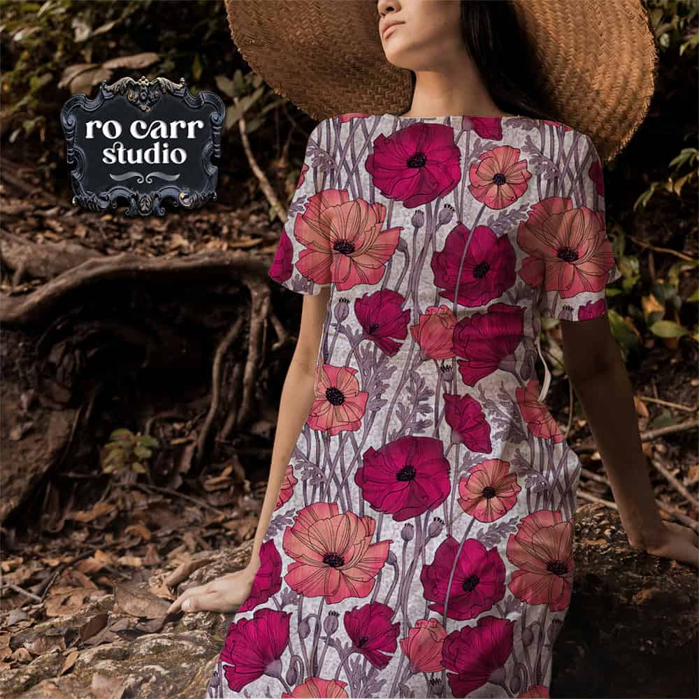 Tee shirt mockup printed with A Tangle of Poppies.
