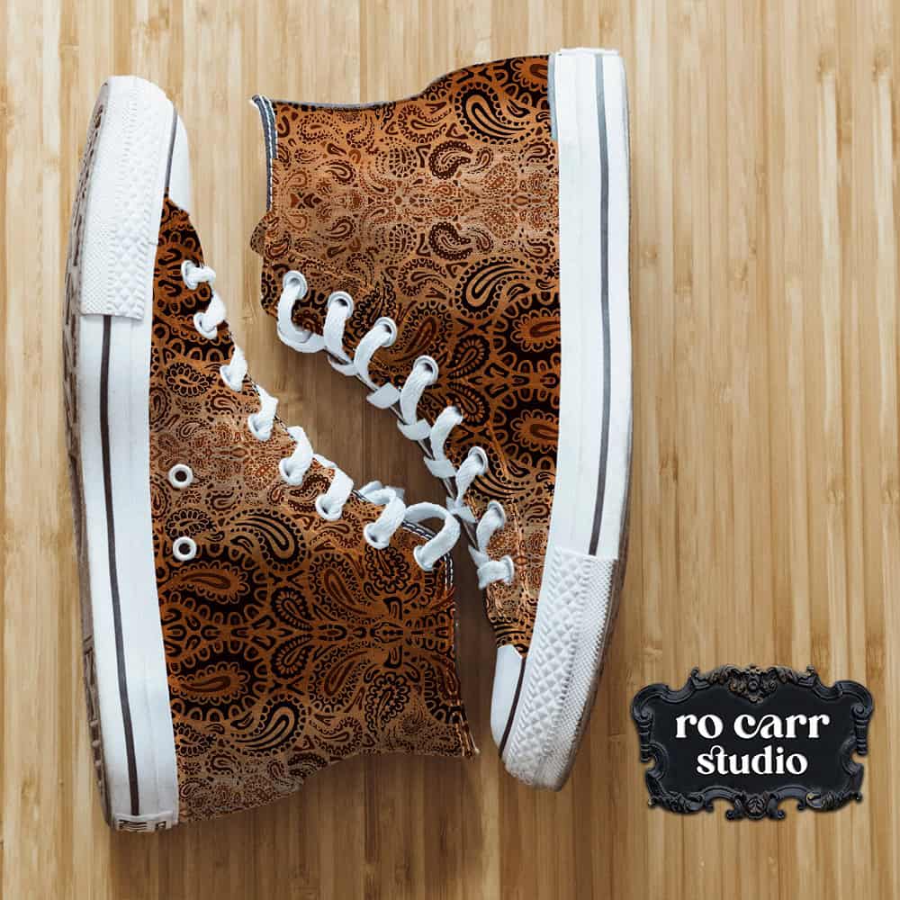 Leopard paisley fabric made into high top canvas sneakers.