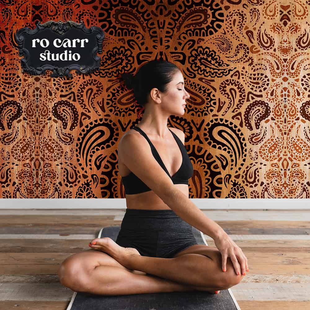 Leopard paisley pattern shown on wallpaper in yoga studio.