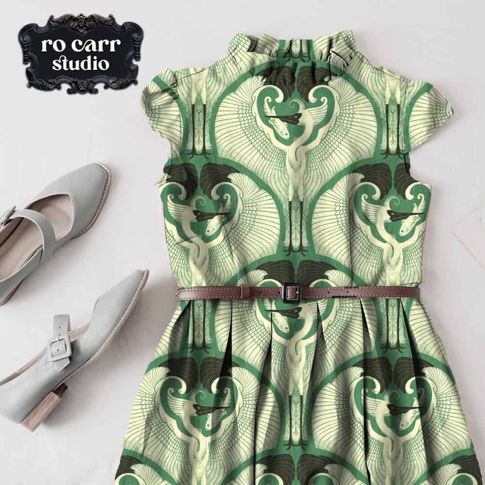 Layflat mockup dress with ruffles, printed with egret pattern on jade green.