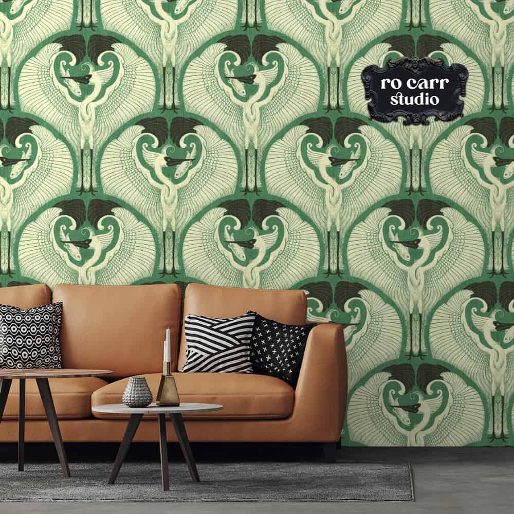 Wallpaper mockup of a sitting room with the great egret pattern.