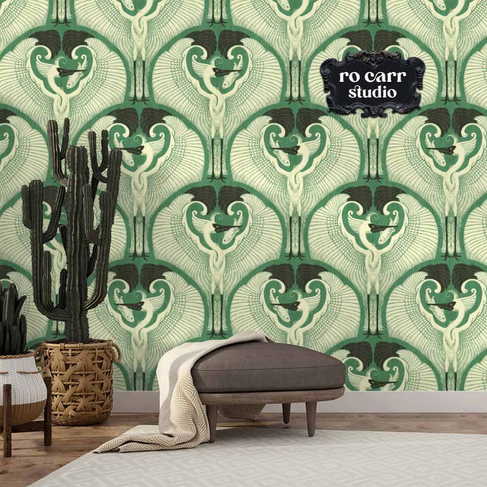 Wallpaper mockup of a casual lounge with the great egret pattern.