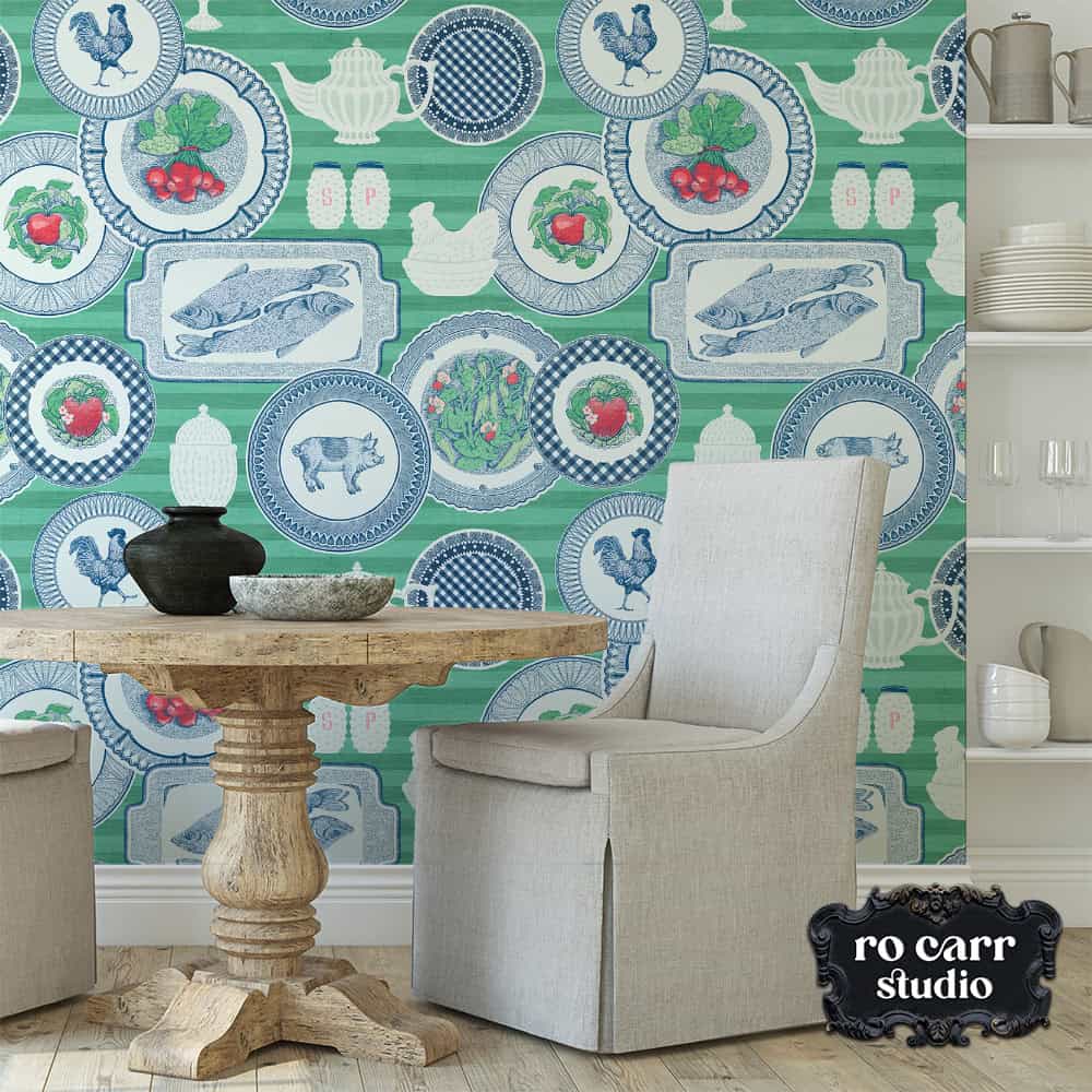 Wallpaper mockup of dining room scene featuring the collector plates pattern in green.