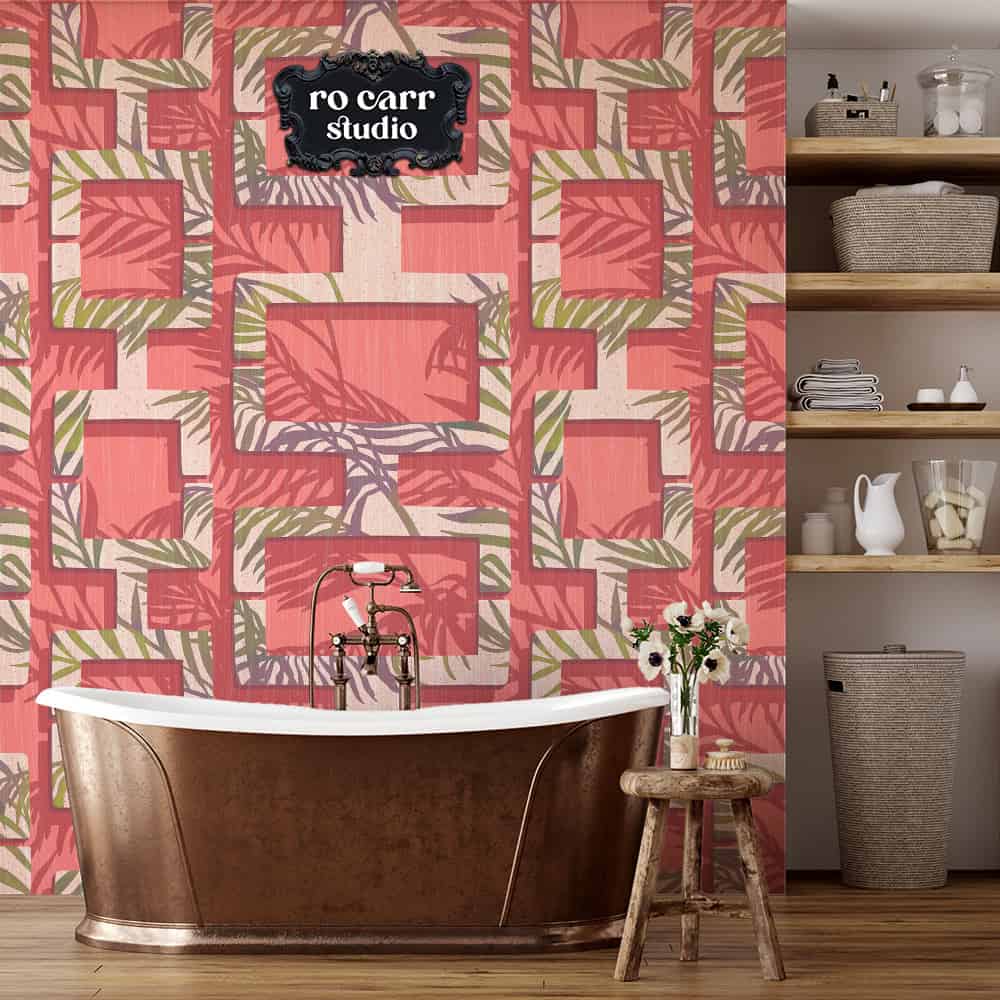 Breeze block design in pink shown as wallpaper in mockup elegant bathroom.
