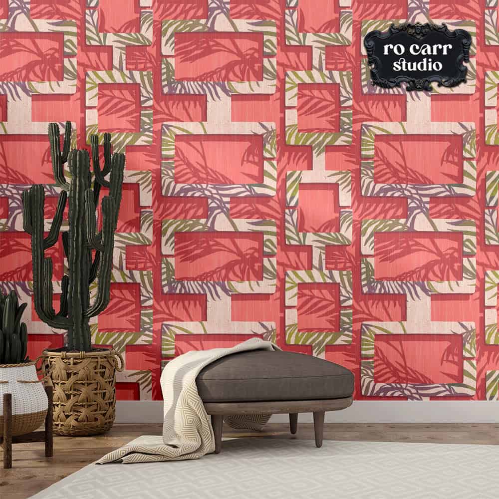 Breeze block design in pink shown as wallpaper in mockup southwestern living room.