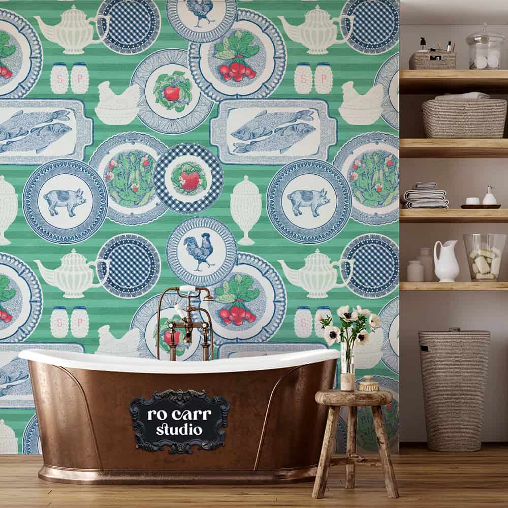 Wallpaper mockup of modern bathroom featuring the collector plates pattern in green.