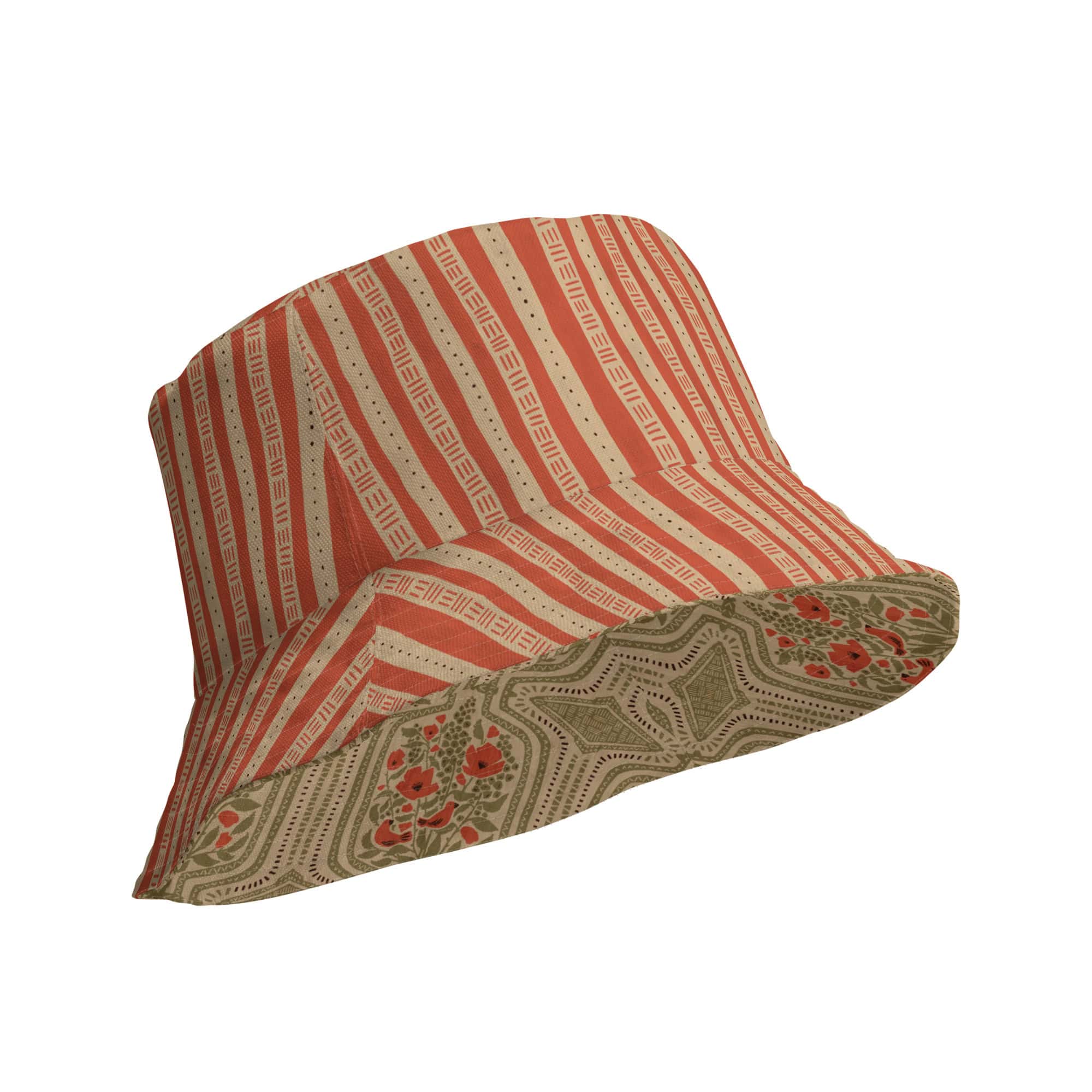 The reverse side of the bucket hat showing tribal stripes in red and tan, inside is the boho terrarium design.