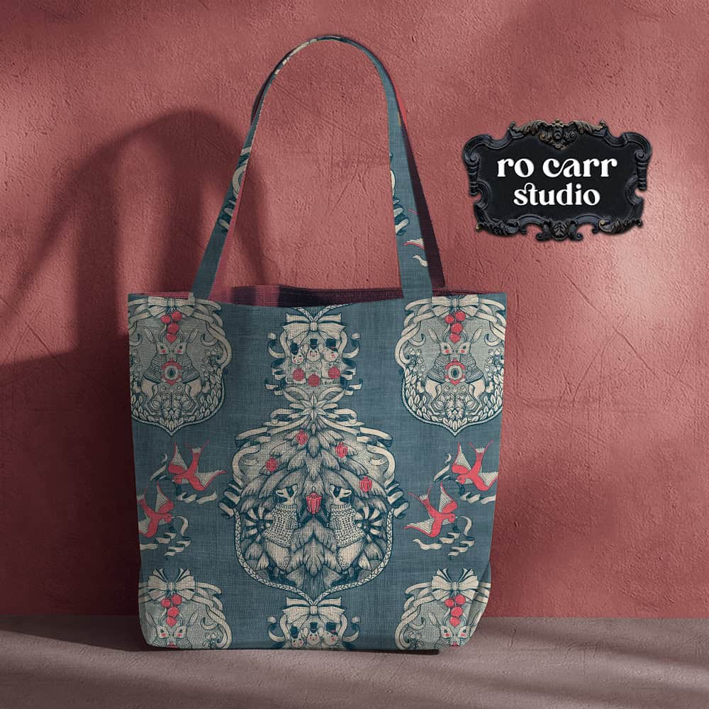Toile pattern mocked up a tote bag.