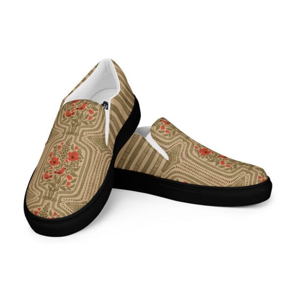Boho Terrarium design printed on ladies slip on shoes, black rubber soles.