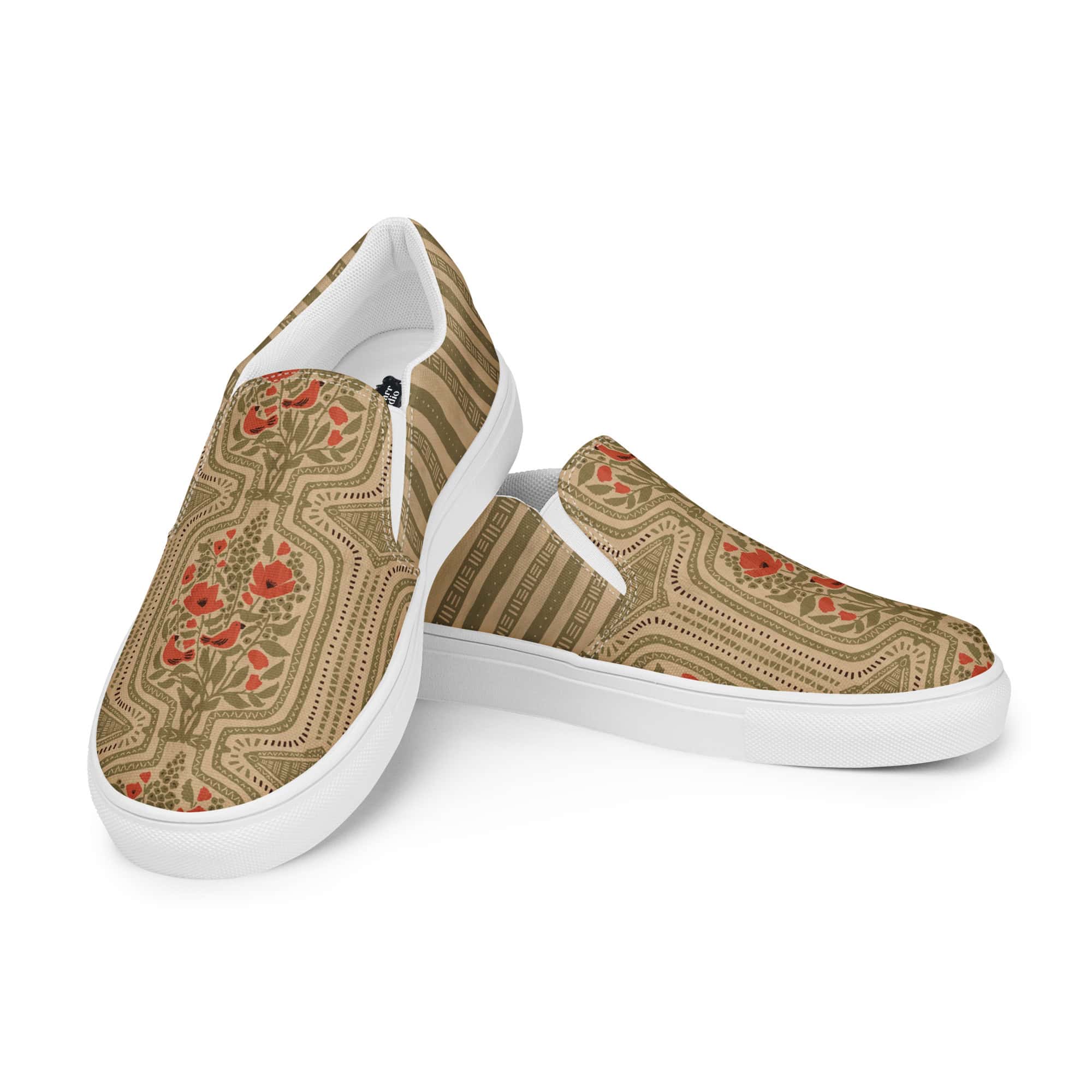 Boho Terrarium design printed on ladies slip on shoes, white rubber soles.