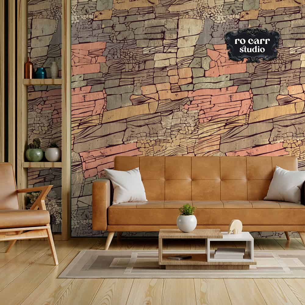 Wallpaper mockup in a warm, modern living room with a leather couch, featuring the pattern.