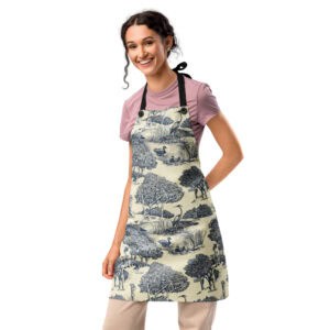 Woman wearing the Birds & Birders Toile De Jouy apron over a pink top, standing with hand on hip.