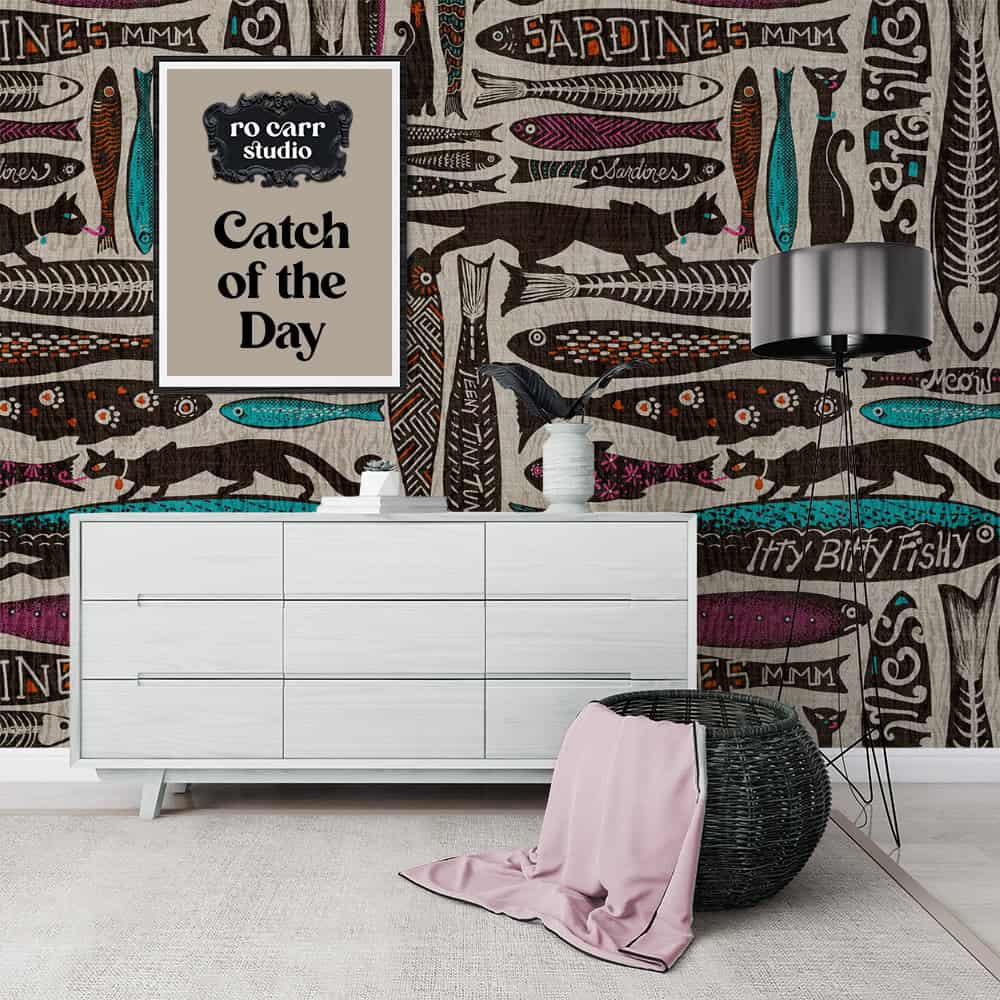 Wallpaper mockup showing the pattern in the background of a designed foyer with a basket and chest of drawers.