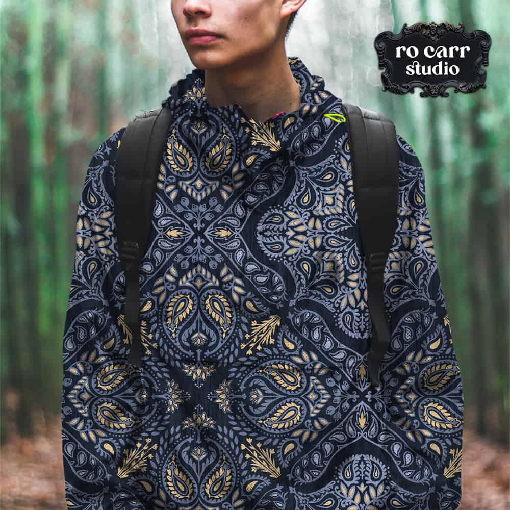 Person wearing a jacket featuring the Retro Country Bandana pattern outdoors.