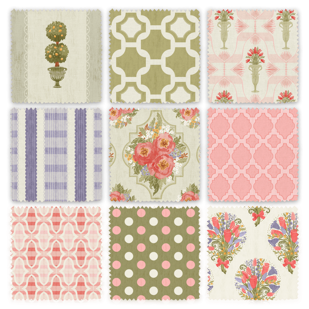 Fabric swatches displaying nine designs from the Granny Flair collection.