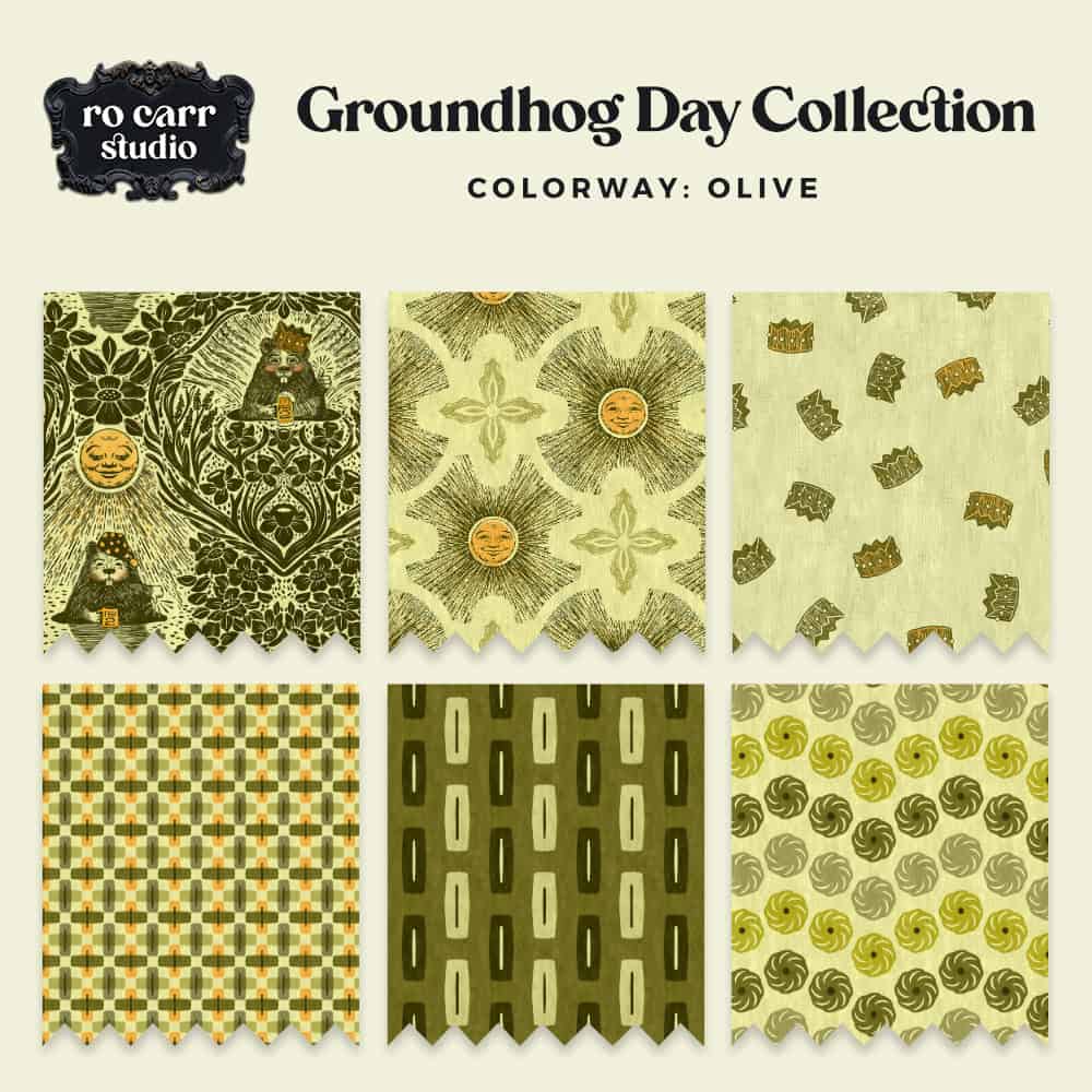 Swatches showing the olive colorway of six design swatches.