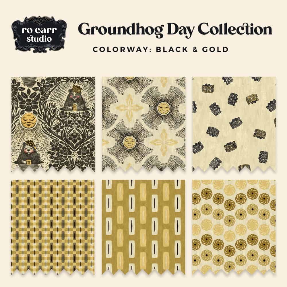 Groundhog Day Collection, original black and yellow colorway, presenting six fabric swatches.