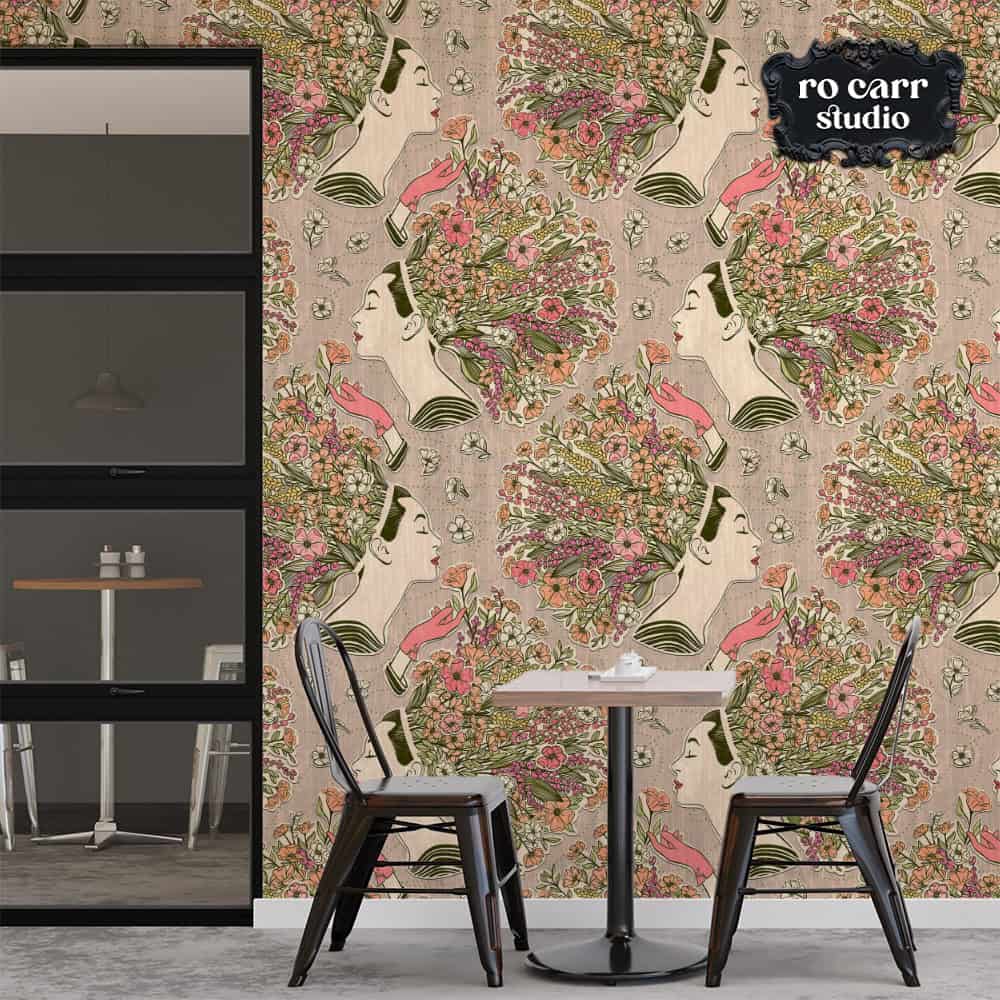 Cafe tables against wildflower collage wallpaper.