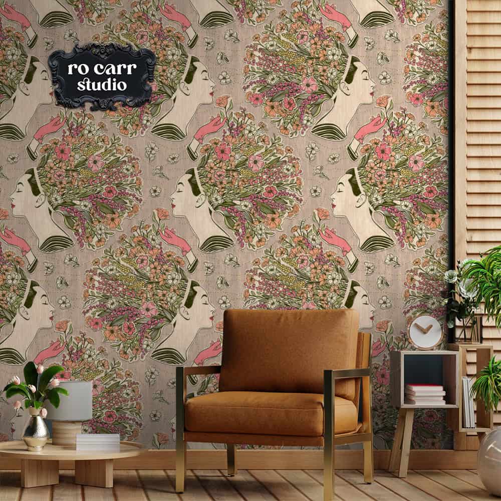 Cozy den with chaise lounge against wildflower collage wallpaper.
