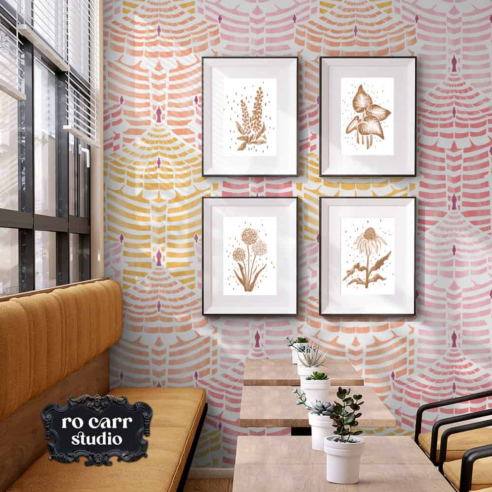 Cabana Republic wallpaper in a cafe setting, anchoring a gallery wall of botanical prints.