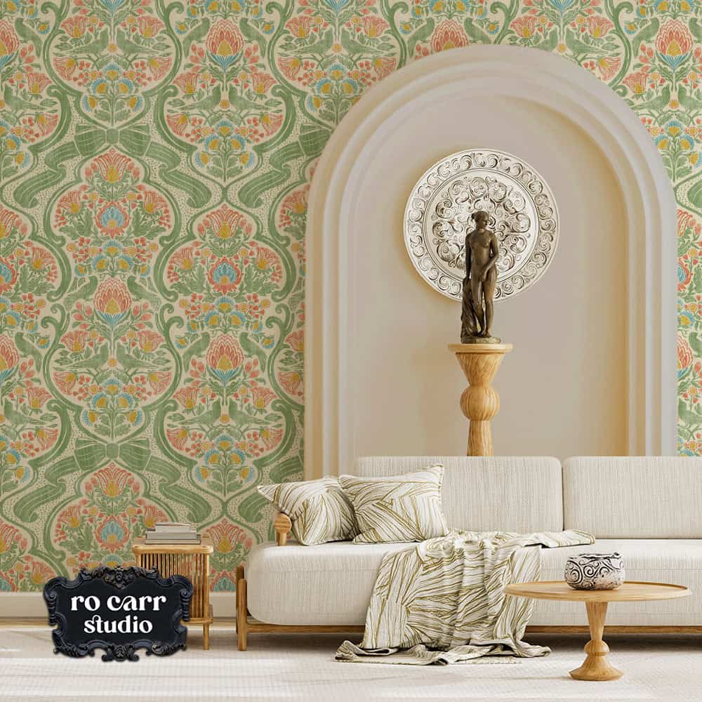 Bright living room with arched niche and classical statue, walls covered in a densely layered botanical wallpaper.