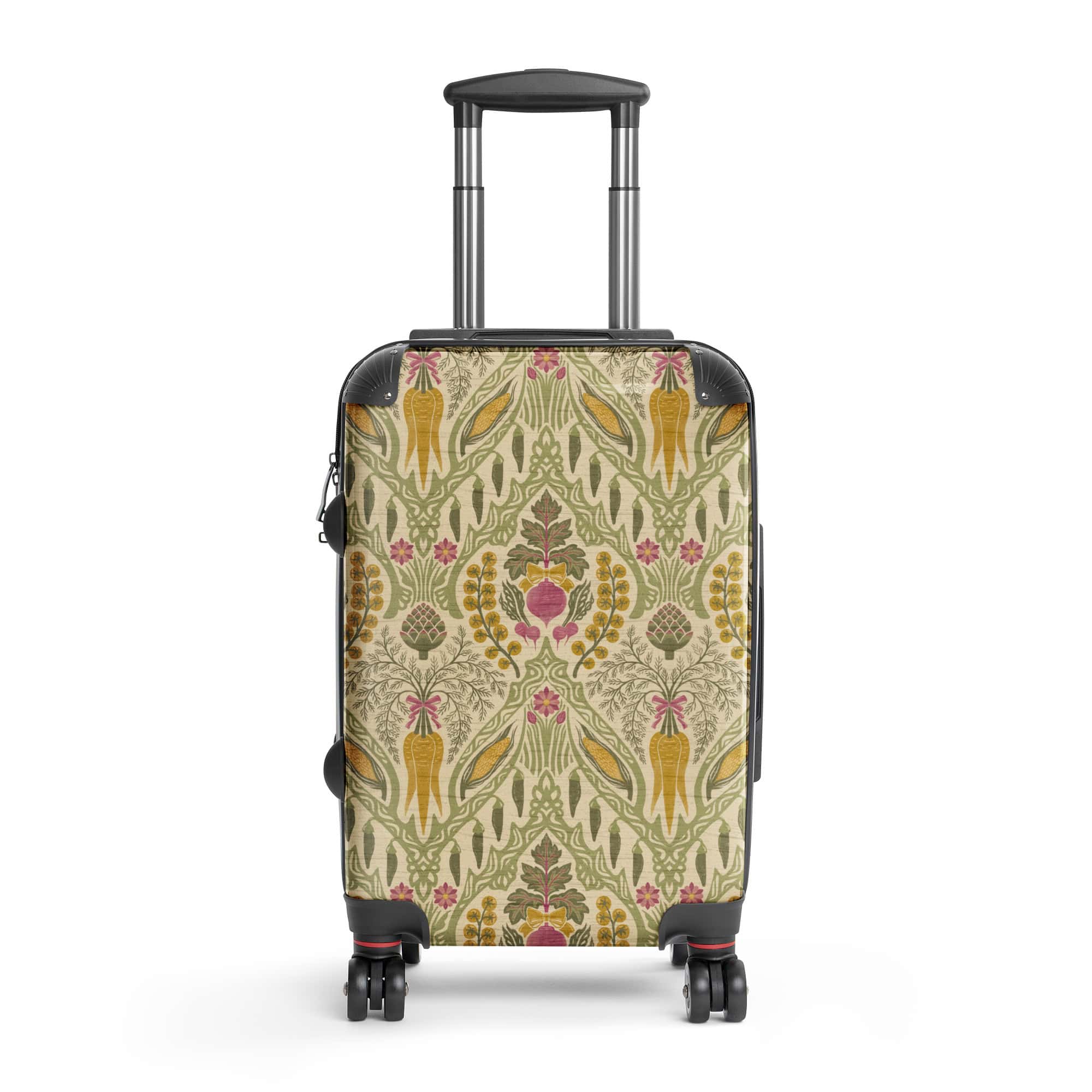Close-up of Heirloom & Bloom floral and harvest print on hard-shell suitcase, showing wheat, gourds, and wildflowers.